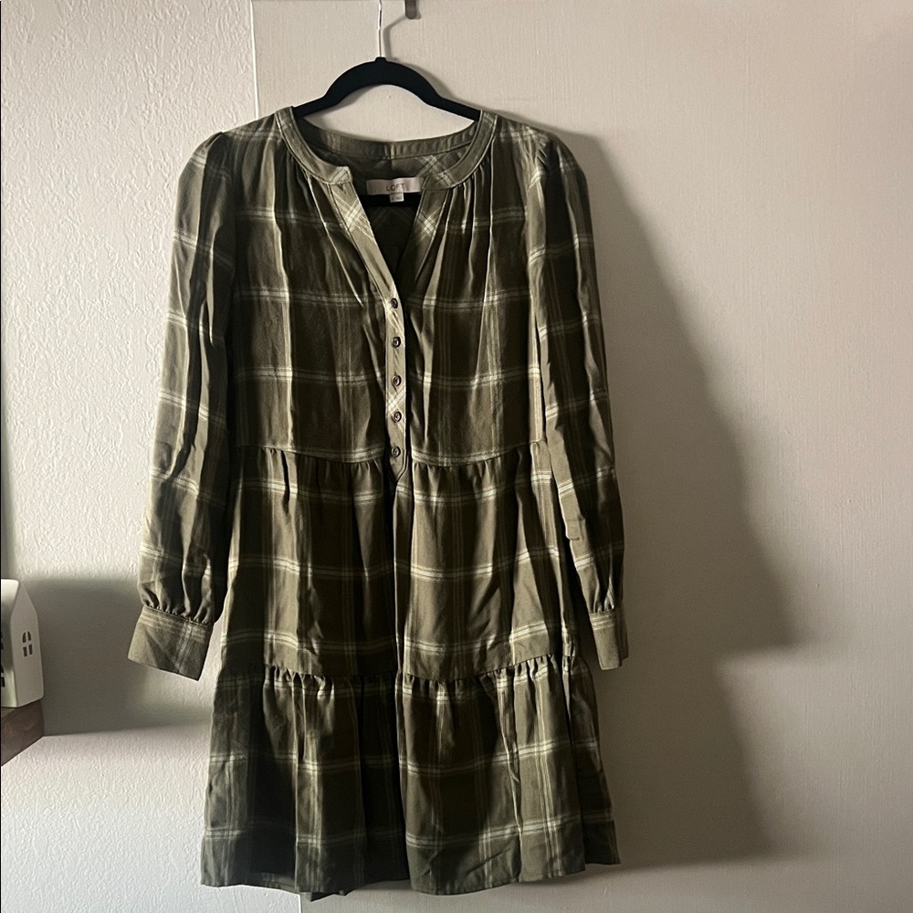 LOFT Olive Plaid Long-Sleeve Tiered Dress